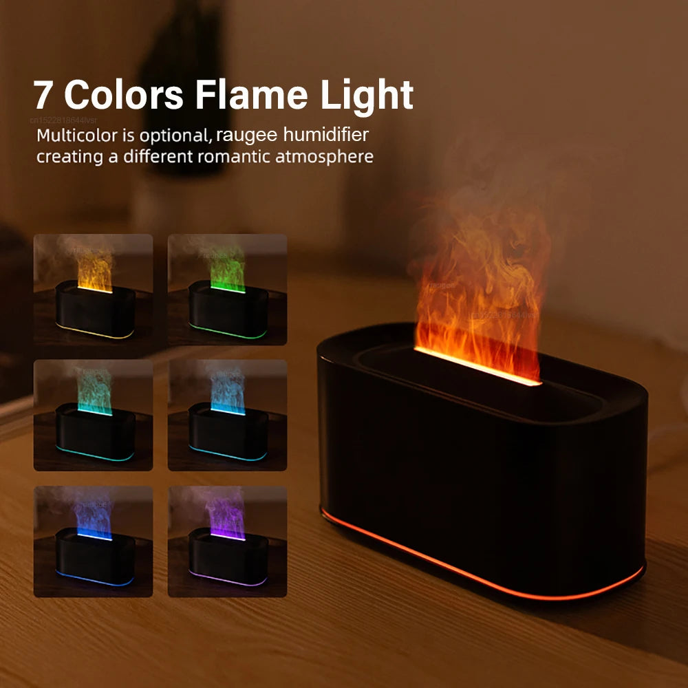 Multicolored flame light humidifier with text on a dark background