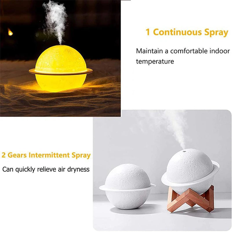 Humidifier with yellow light emitting steam, labeled '1 Continuous Spray' and '2 Gears Intermittent Spray'.