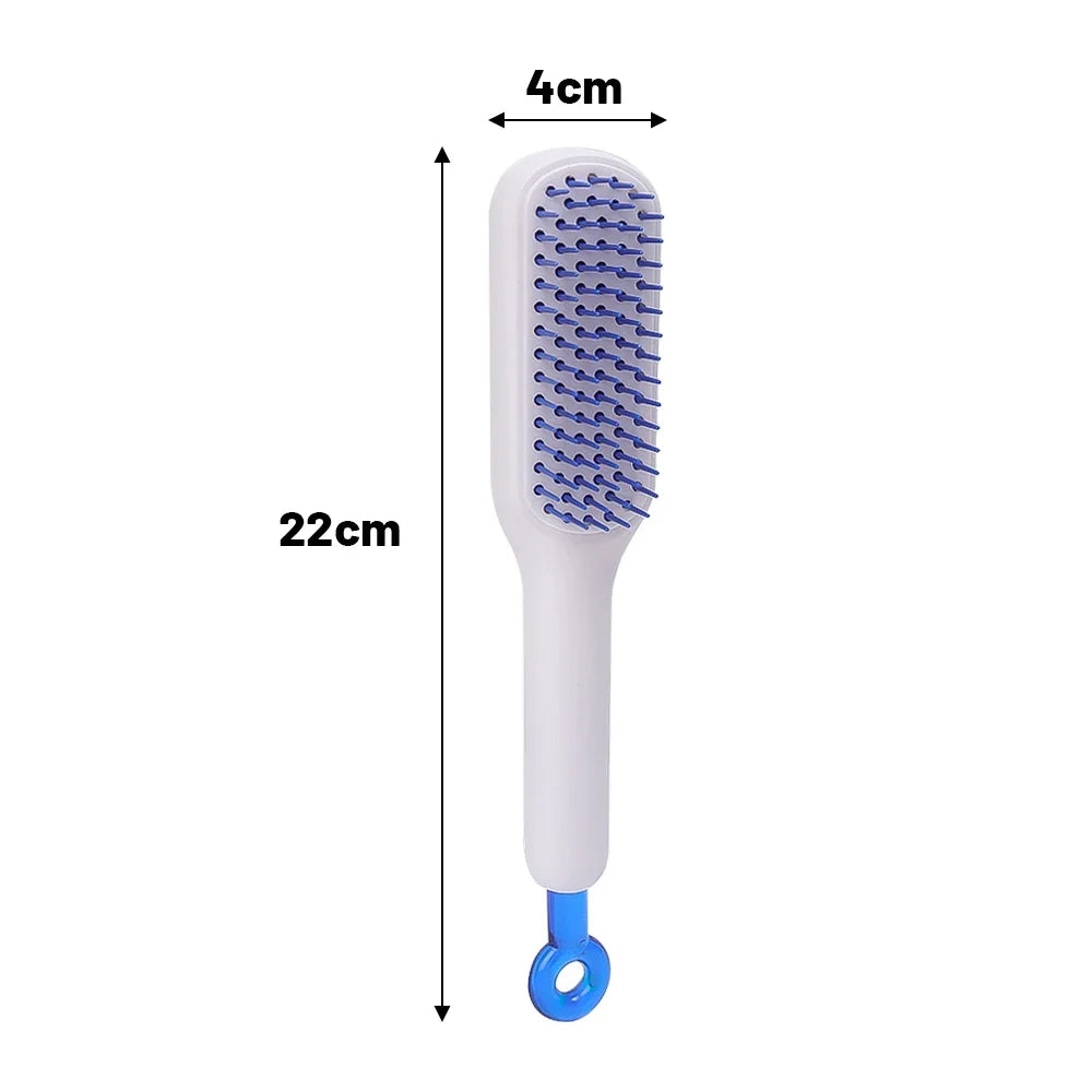 Blue portable telescopic hair comb with size measurements 22cm x 4cm