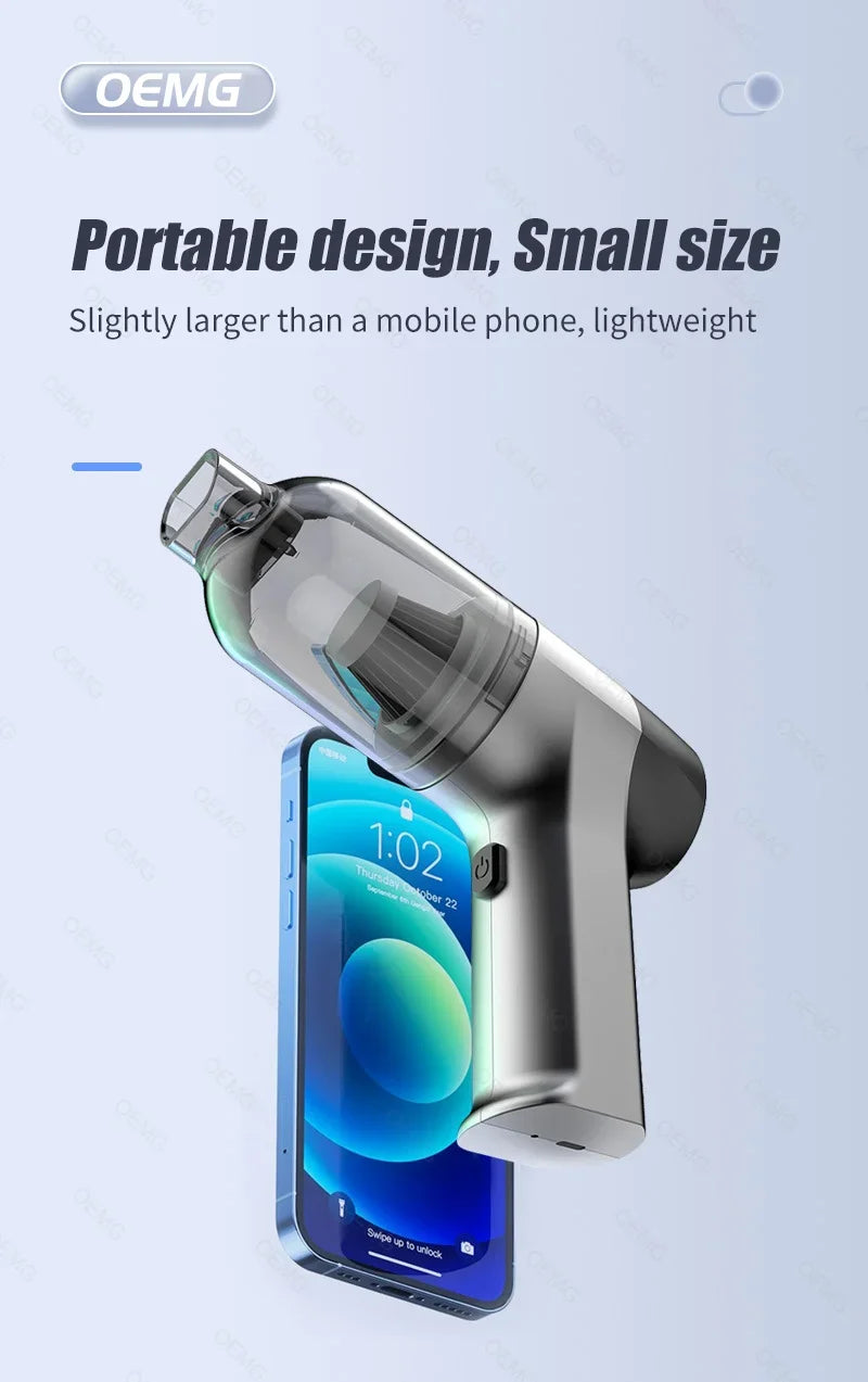 Compact and portable vacuum cleaner next to smartphone