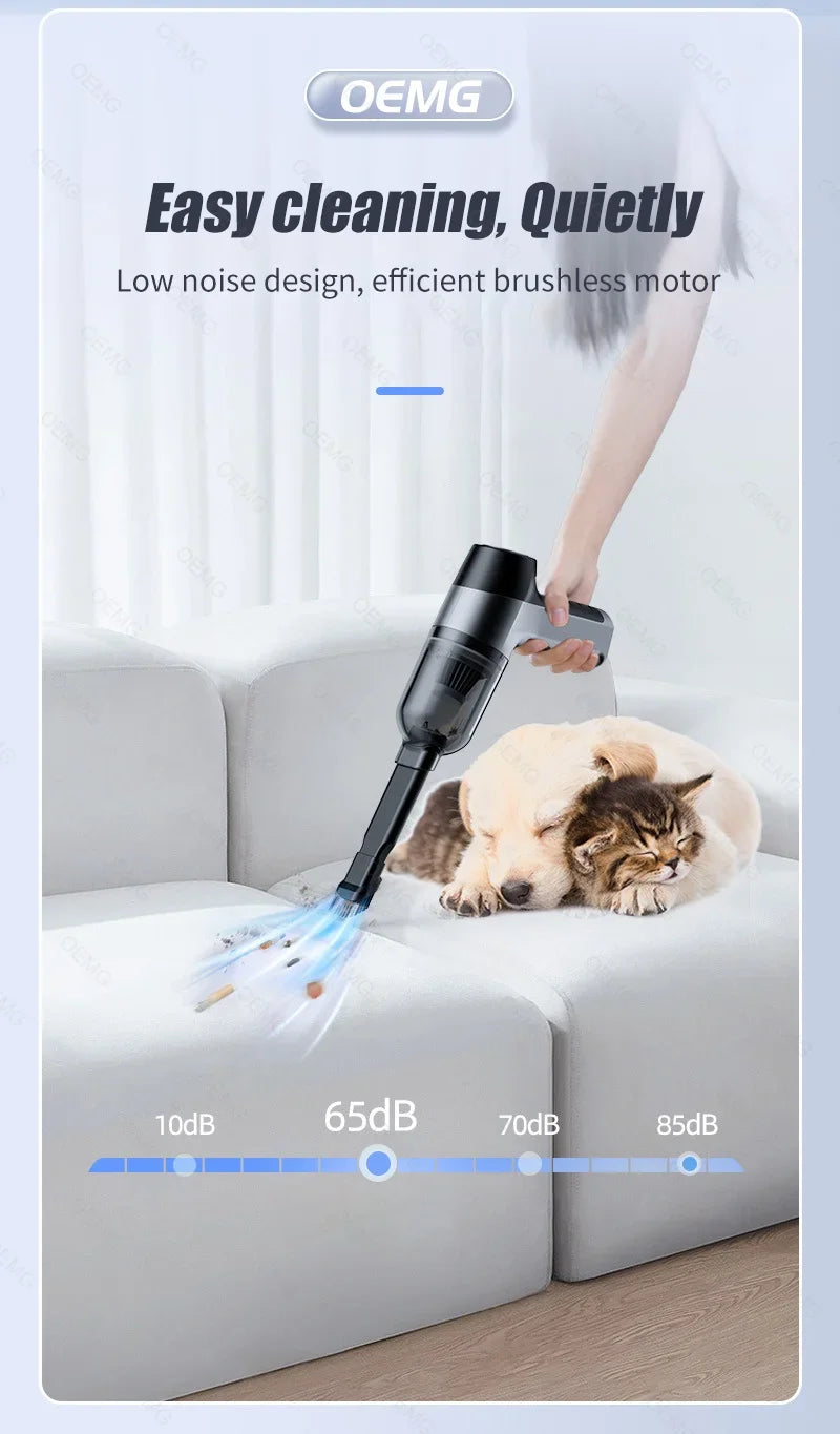 Quiet cleaning demonstration on couch near pets