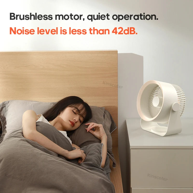 Quiet beige fan on nightstand providing cool breeze for peaceful sleep.