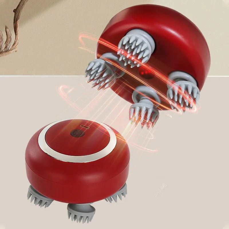 Red and gray grooming tool with laser-like effect on a beige background