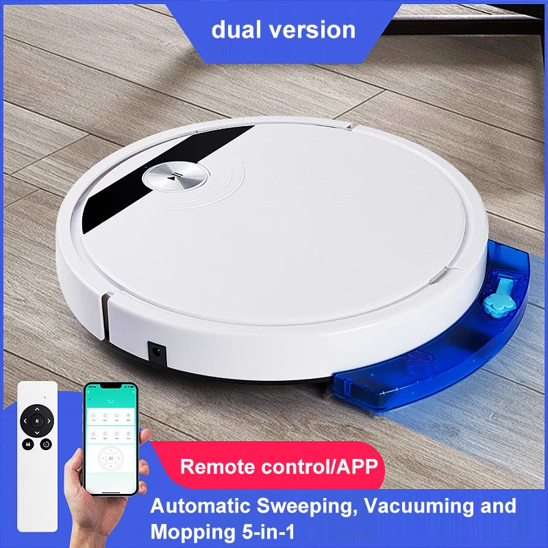 5-in-1 white robot vacuum cleaner for sweeping, vacuuming, and mopping