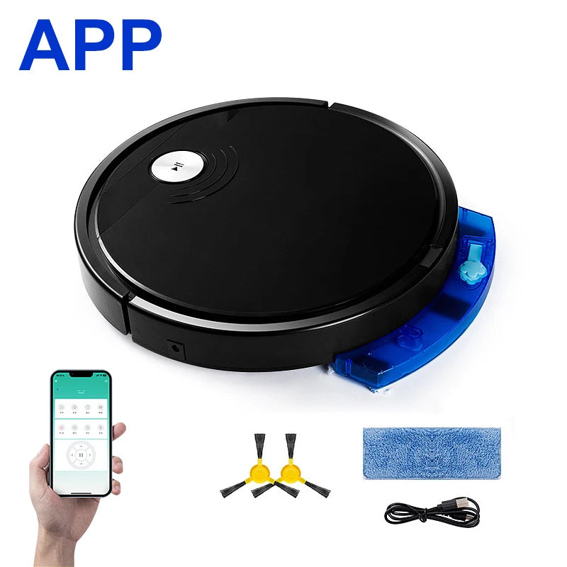 Black smart vacuum cleaner with accessories – brushes, mop, and USB cable