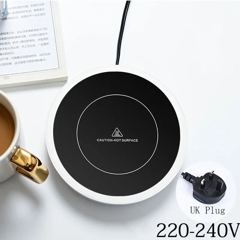 Round electric mug warmer with UK plug, stylish and safe heating pad