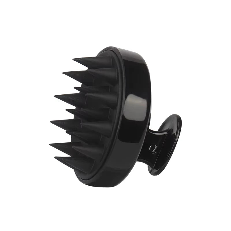 Black Silicone Shampoo Brush with soft bristles for scalp massage and deep cleansing, featuring an ergonomic handle design.