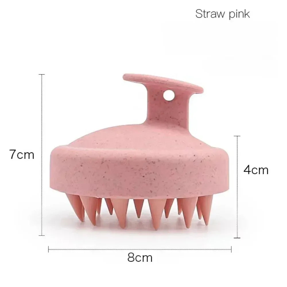 Pink Silicone Shampoo Brush in straw pink color, with dimensions labeled: 7cm height, 8cm width, and 4cm handle height.