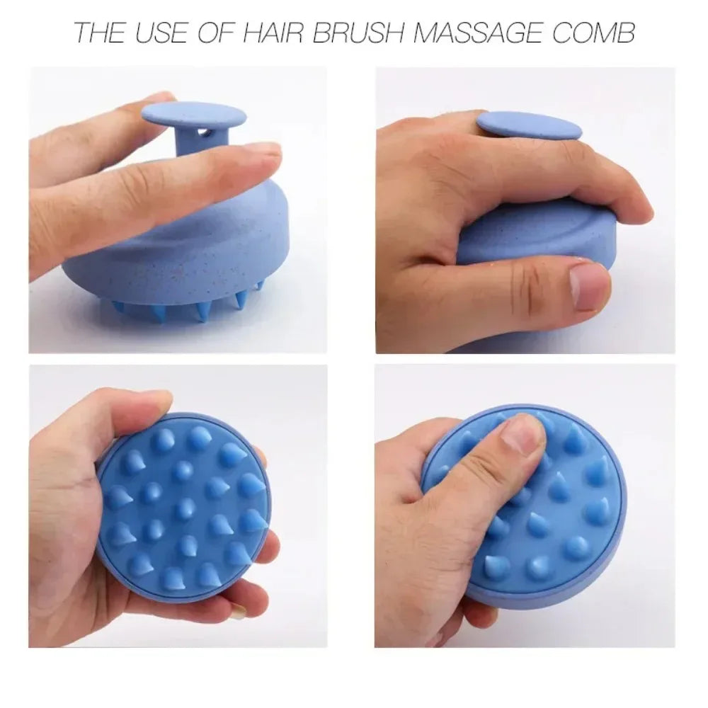 Blue Silicone Shampoo Brush shown in hand and close-up, highlighting its use for scalp massage and hair care.