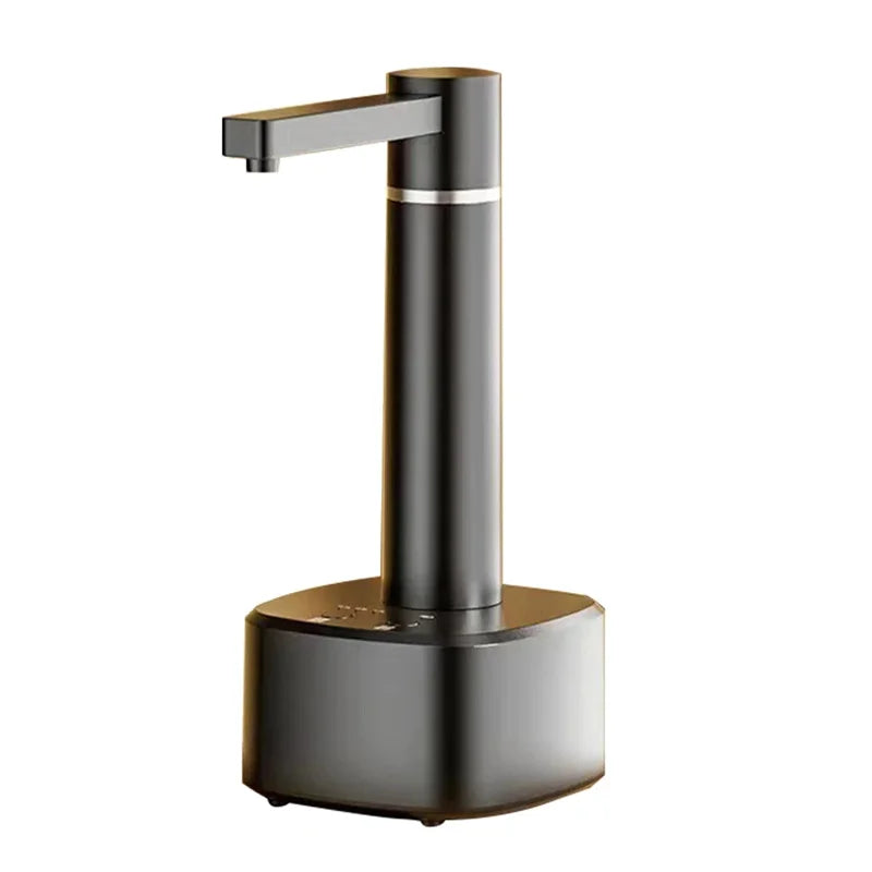 Black 3-gear Smart Automatic Water Dispenser on a water jug, next to a white one, on a teal table with glassware and plants.