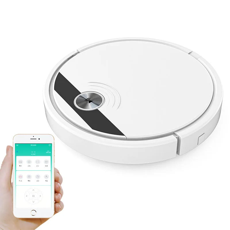 White robot vacuum cleaner with mobile app control for automated cleaning and smart navigation