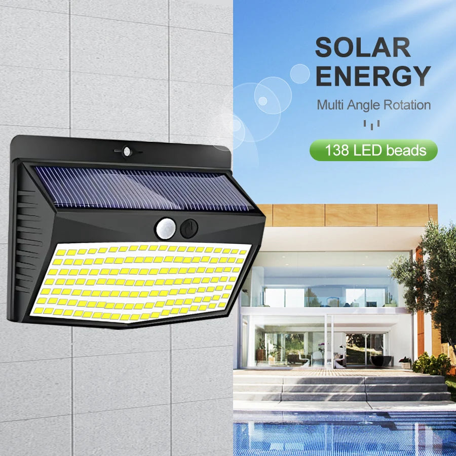 Solar powered 138 LED wall light with motion sensor and wide-angle lighting for home security