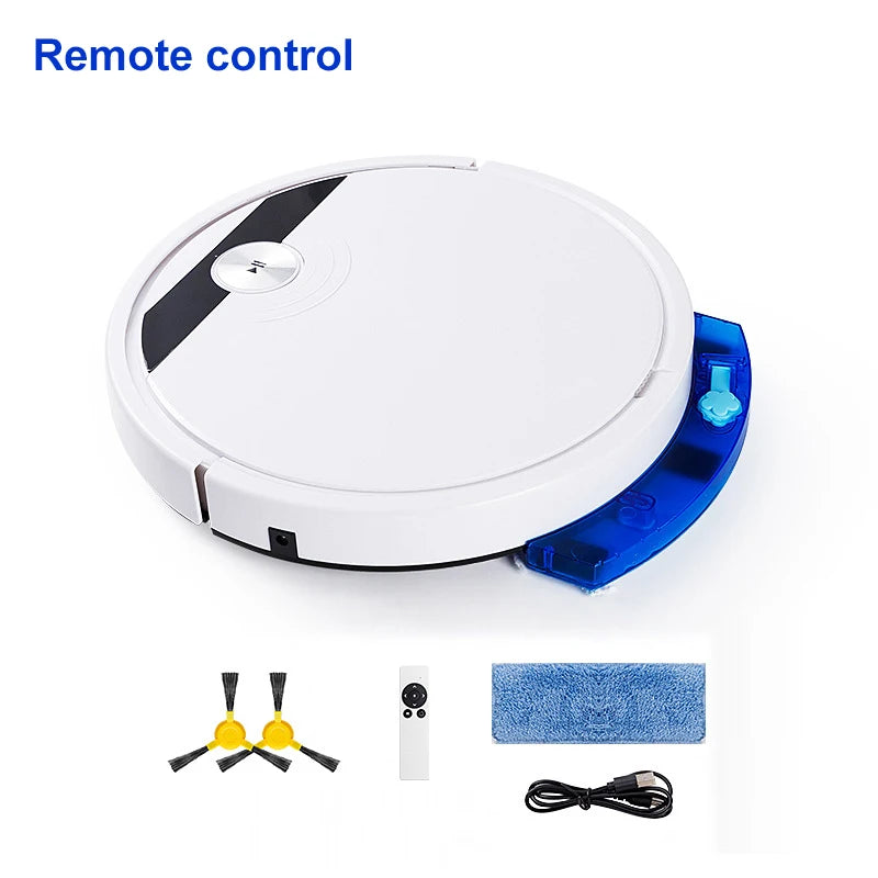 White smart robot vacuum cleaner with remote control and accessories for multi-surface cleaning