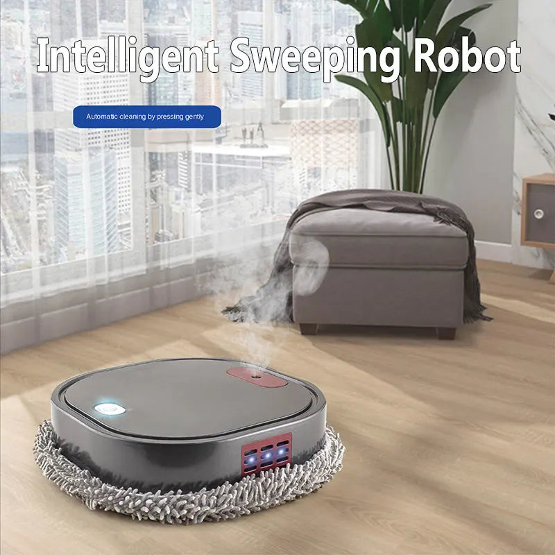 Intelligent sweeping robot cleaning a wooden floor in a modern living room.