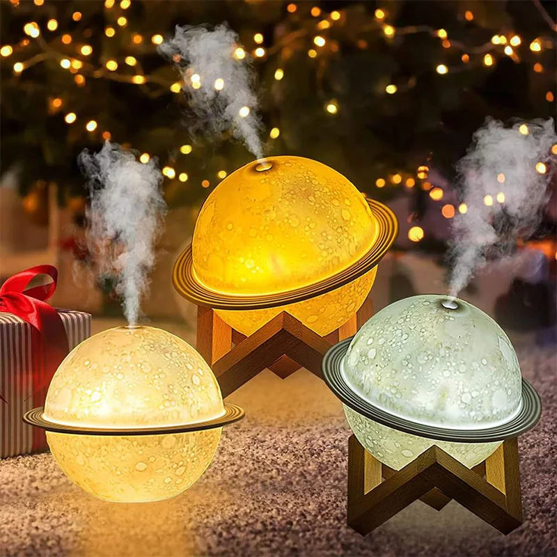 Three spherical humidifiers emitting mist with a festive background.