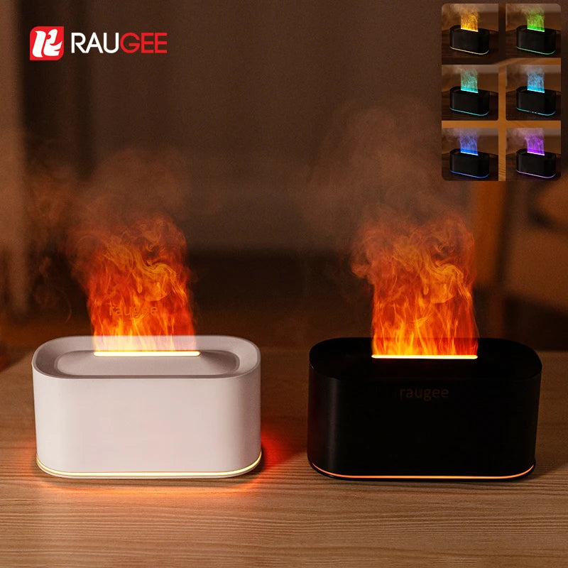 Two flame-shaped lamps on a wooden surface with RAUCEE branding.