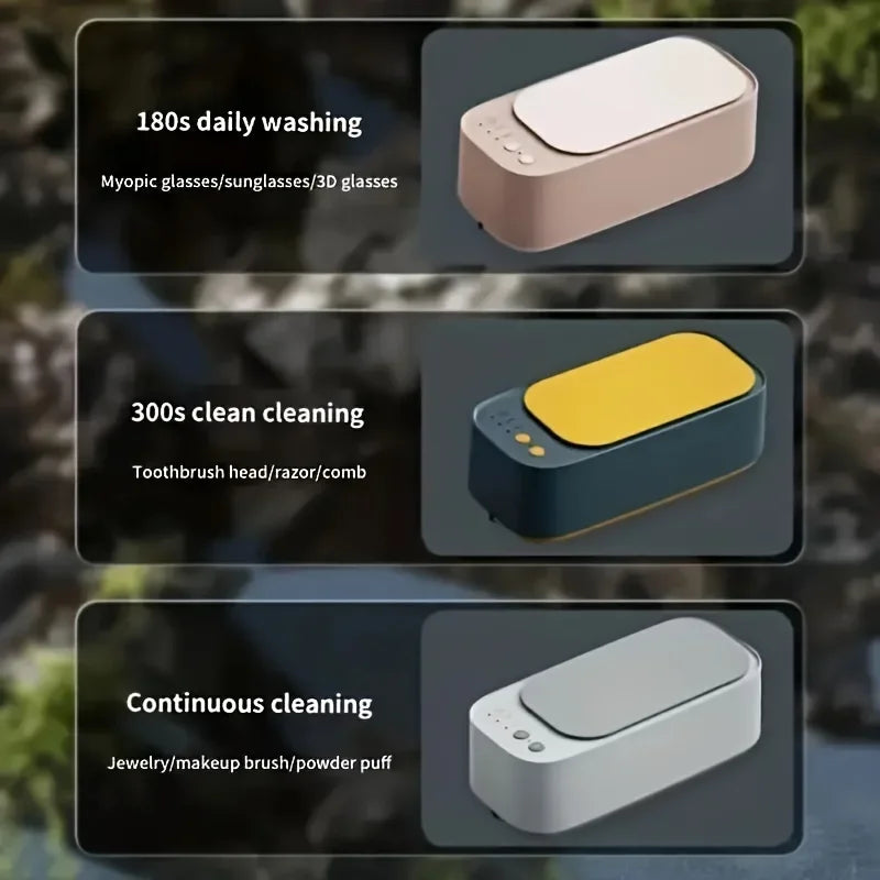Ultrasonic cleaner showing three cleaning modes for glasses, toothbrushes, and jewelry.