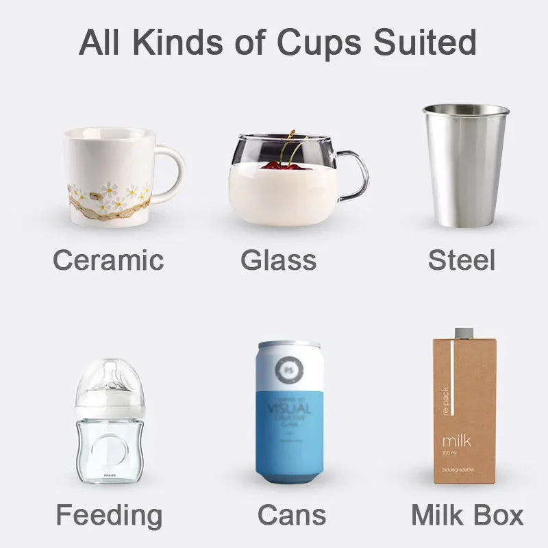 Electric mug warmer compatible with all kinds of cups including ceramic, glass, steel, baby bottles, cans, and milk cartons