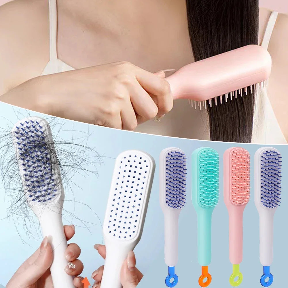 Using pink telescopic hair comb for detangling and cleaning long hair
