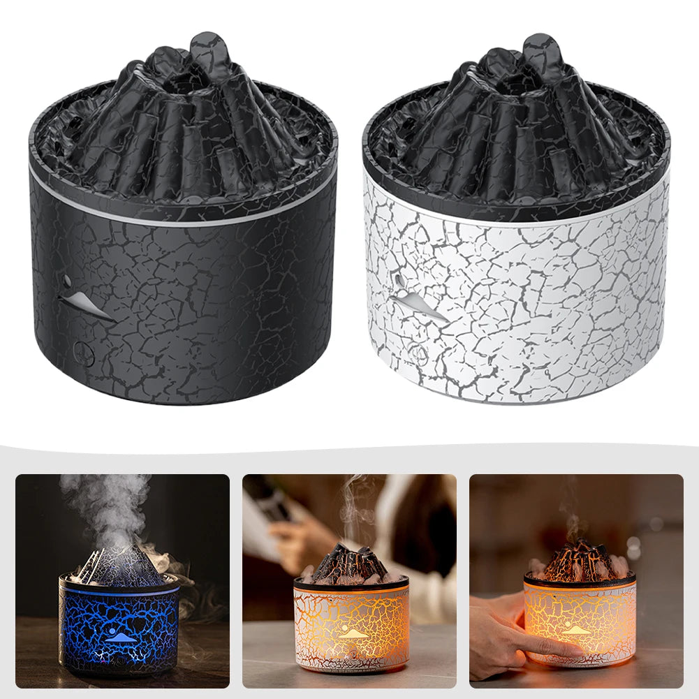 Two lava-style volcano aroma diffusers in black and white color variants with cracked design finish.