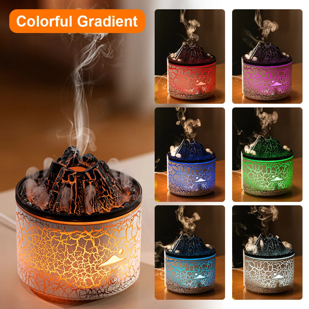 Volcano diffuser glowing in multiple colorful gradient light options: red, purple, blue, green, and more