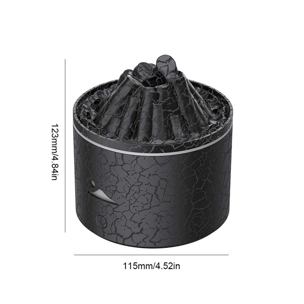 Black volcano-shaped aroma diffuser with visible dimensions: 123mm height and 115mm width