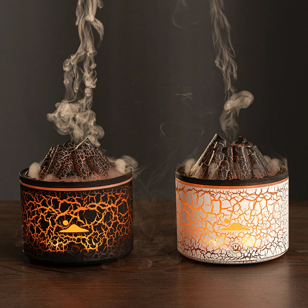 Two lava volcano humidifiers in black and white versions emitting dense steam on a dark background