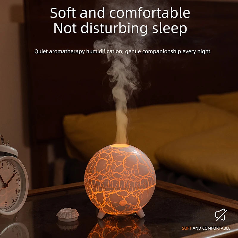 Aromatherapy diffuser emitting steam on a bedside table with text about its benefits.