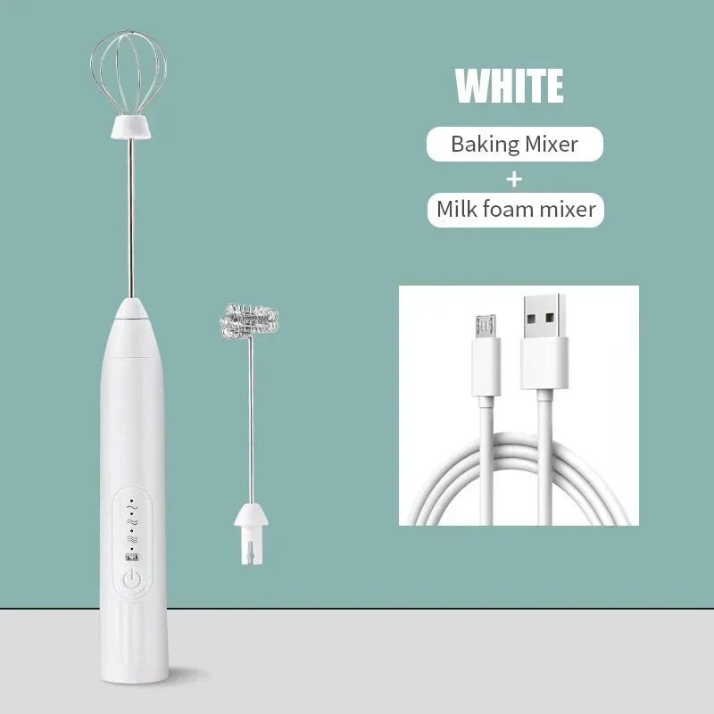 White USB electric milk frother and egg beater with baking head and USB cable