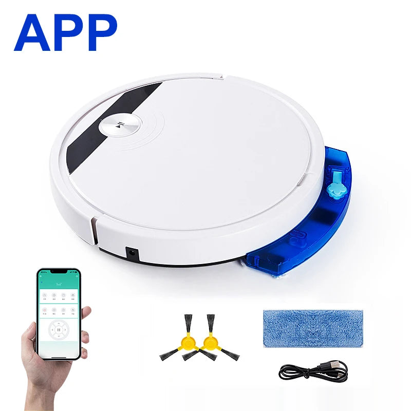 White smart robot vacuum cleaner with app control and tools