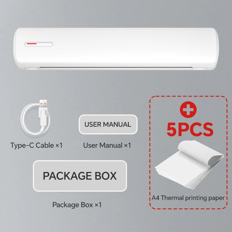 White tattoo printer kit with 5pcs A4 thermal paper, USB-C cable, and user manual