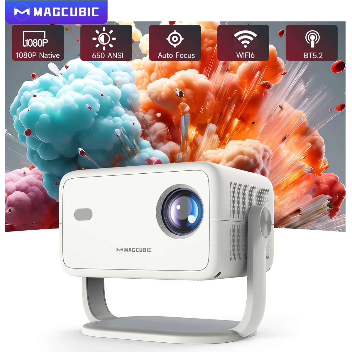 White projector with colorful abstract background and Magcubic branding