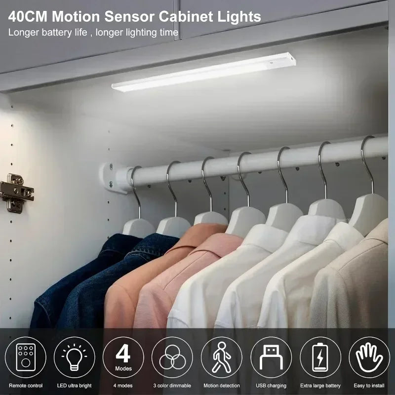 Xiaomi 40cm motion sensor light installed in wardrobe, illuminating clothes with icons of light features