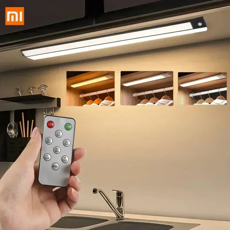 Xiaomi wireless LED night light installed in kitchen with remote control and light color options