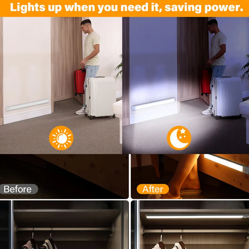 Before and after comparison of Xiaomi LED Night Light in hallway, under bed, and closet