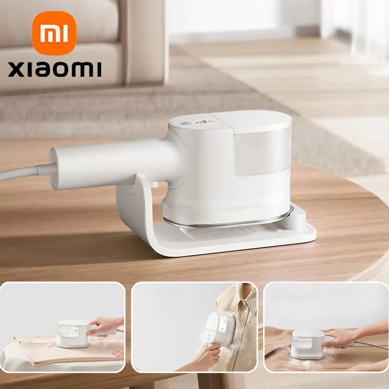 XIAOMI MIJIA Handheld Garment Steamer on stand with visual usage examples on clothes