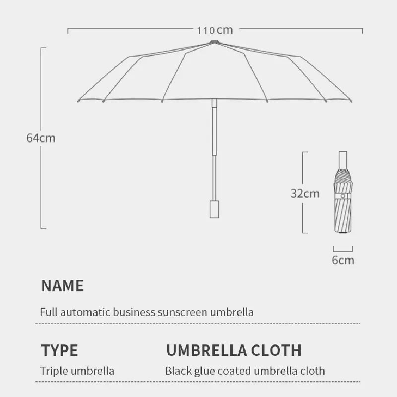 Umbrella size diagram showing height, canopy diameter, and compact folded length