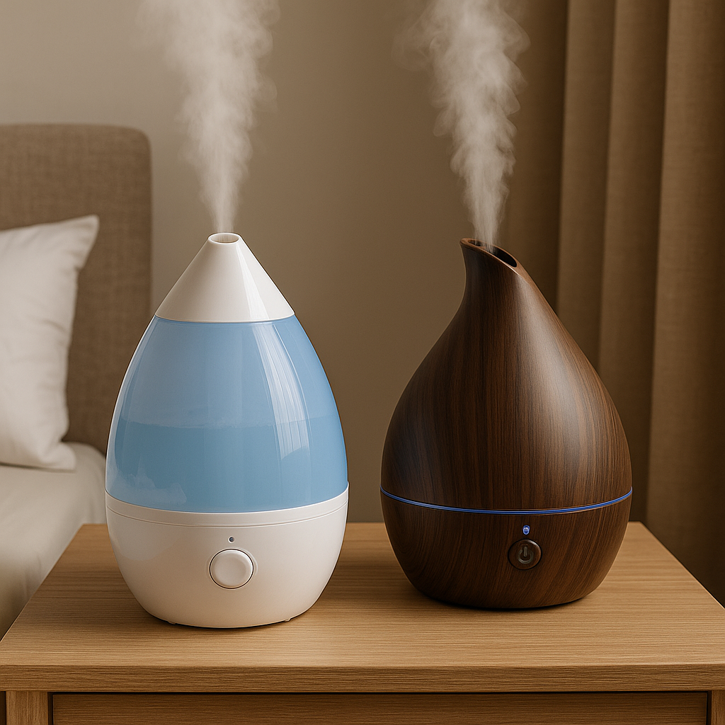 Cool mist humidifier and ultrasonic humidifier side by side on nightstand, both releasing mist in cozy bedroom setting