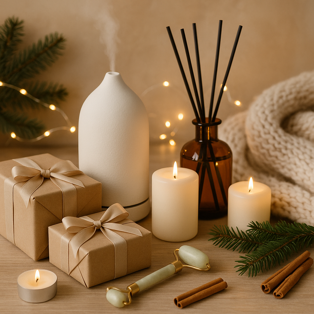 Cozy holiday scene with ceramic diffuser, reed diffuser, candles, wrapped gifts and knit blanket with warm fairy lights.