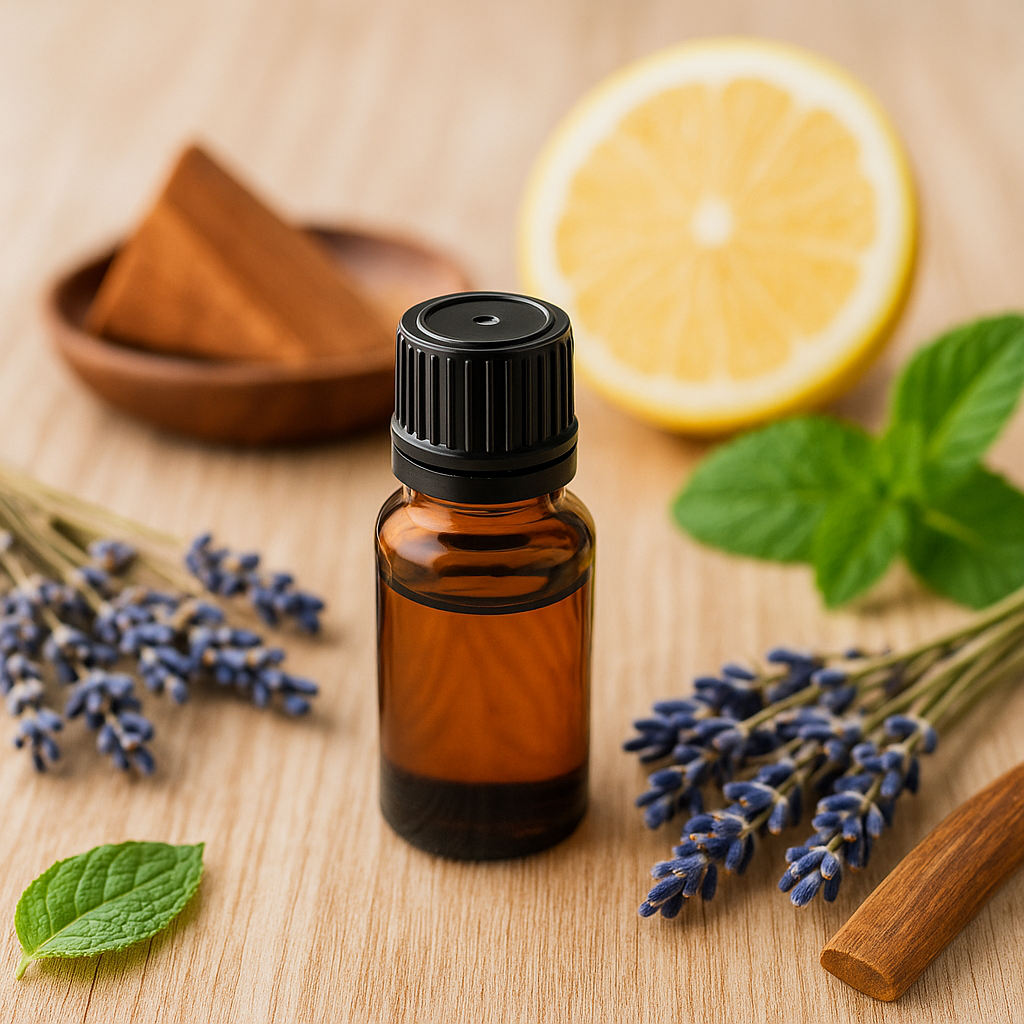 Essential oils list for diffusers with lavender, peppermint, lemon, rosemary, sandalwood and amber oil bottle for aromatherapy benefits