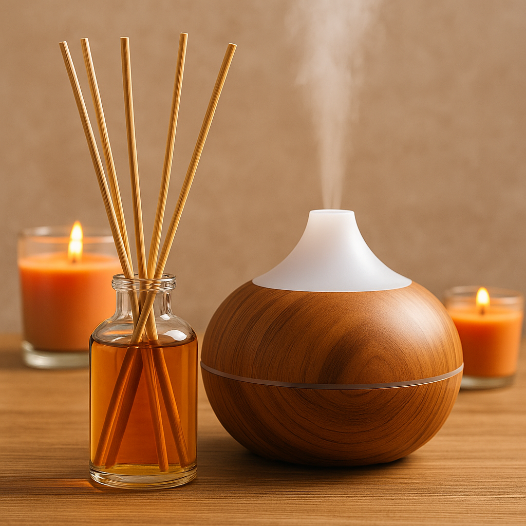 Fall scents with reed diffuser sticks, aroma diffuser mist, and glowing candles on a wooden table creating cozy home fragrance atmosphere