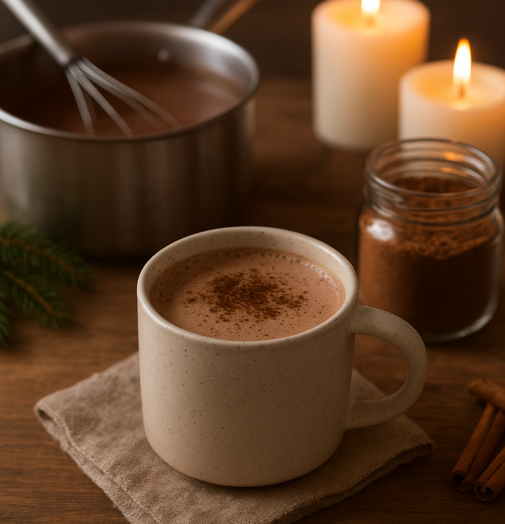 A cozy winter scene with a mug of homemade hot chocolate topped with whipped cream and cinnamon on a rustic table.