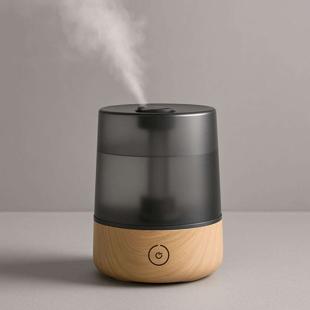 Modern ultrasonic cool mist humidifier with wooden base releasing fresh mist, showing easy to clean design and wellness benefits