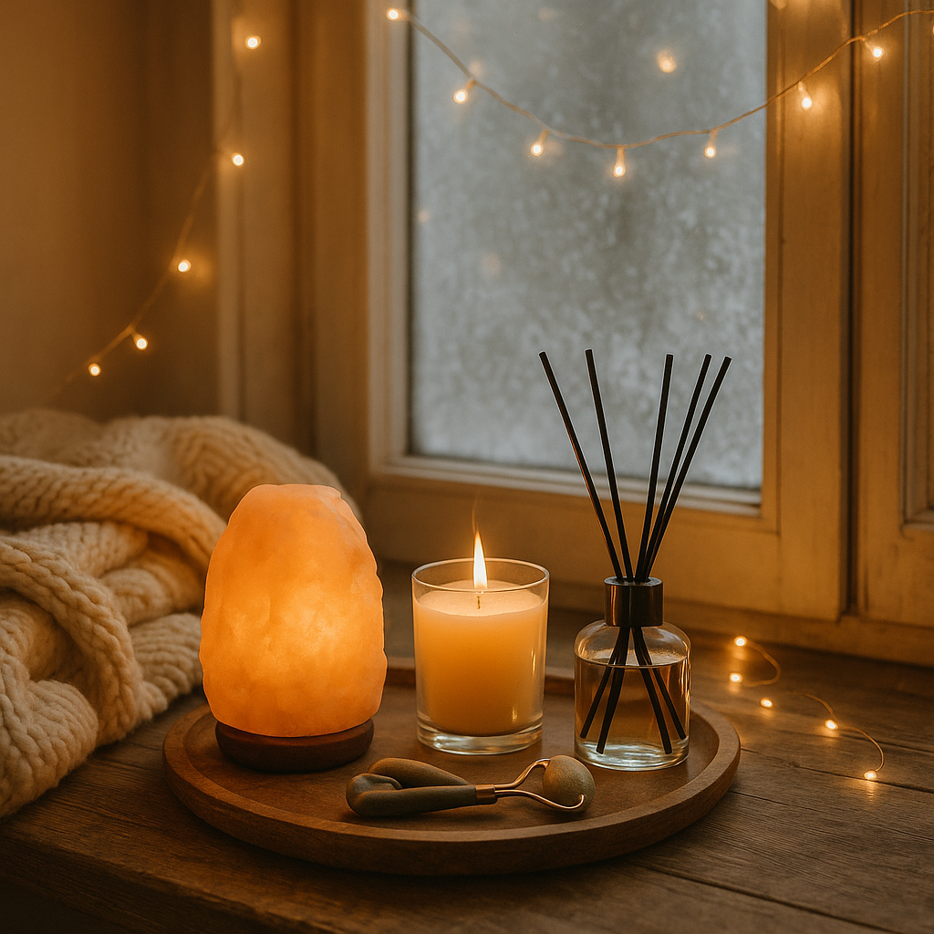 Calm winter decor—salt lamp, candle and reed diffuser on a wooden tray by a frosted window with fairy lights.