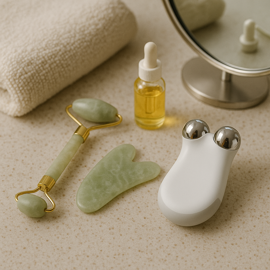 At-home face lifting tools: microcurrent device, jade roller, gua sha and facial oil on a neutral vanity.