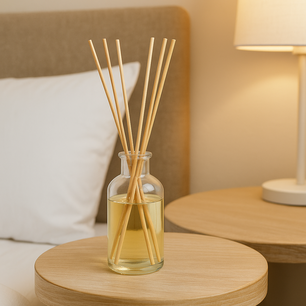 Glass reed diffuser bottle with reed sticks on a wooden nightstand, creating cozy and long-lasting home fragrance atmosphere