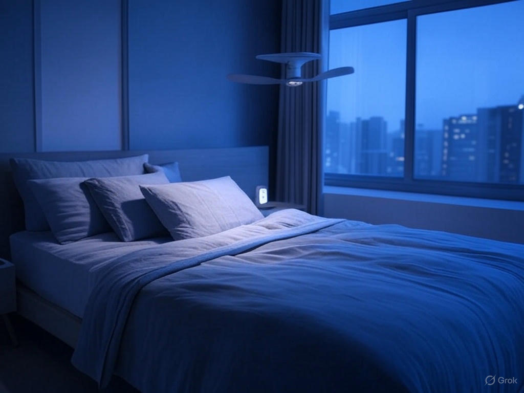 Minimalist bedroom with a smart lamp and tablet on the bed, featuring soft lighting and a city view, illustrating "Designing a Smart Bedroom: Gadgets for Better Sleep and Relaxation."