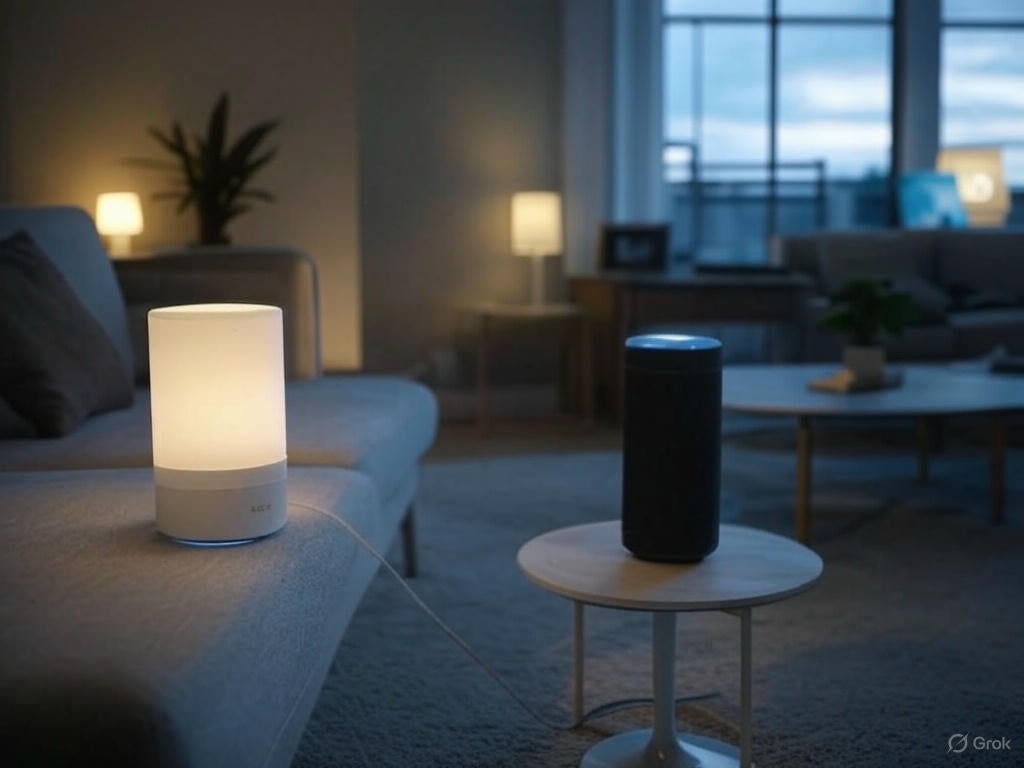 Modern living room with smart lighting, featuring a glowing smart lamp on a sofa and a voice assistant on a side table, illustrating "How to Integrate Smart Lighting with Voice Assistants for a Seamless Experience."