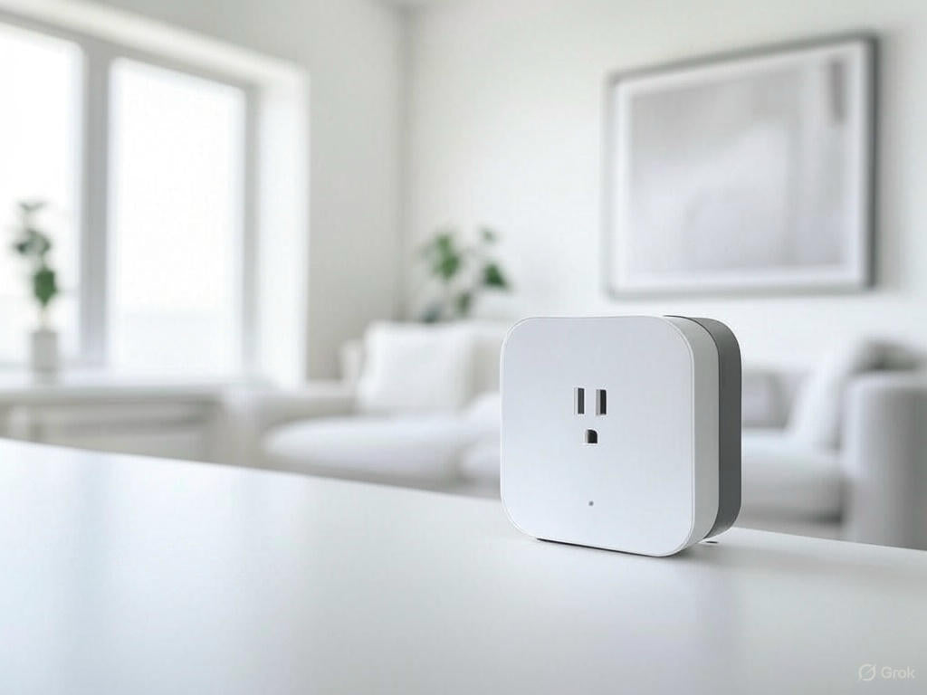 Modern living room with a smart plug on the wall, connected to a device, showcasing a minimalist interior with a sofa and plants, illustrating "The Benefits of Smart Plugs: Control Your Devices from Anywhere."