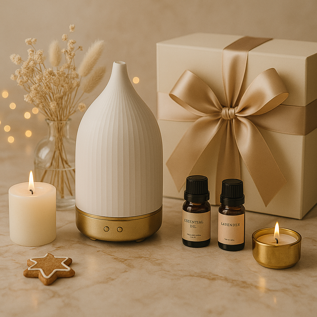 Elegant aromatherapy gift set with ceramic diffuser, candles and essential oils on marble beside a gold ribbon gift box.